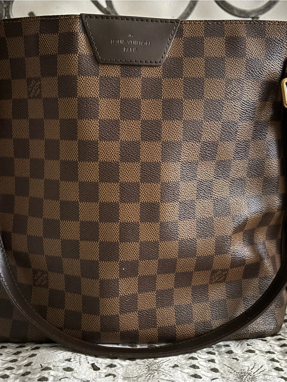 Louis Vuitton Damier Ebene Tote with Red Interior Trim